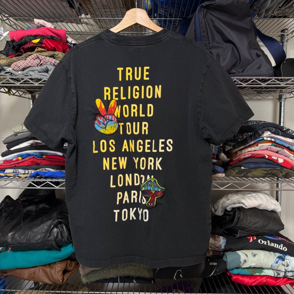 True Religion T-Shirt Mens Large Black World Tour Graphic Buddha Patch Cotton
